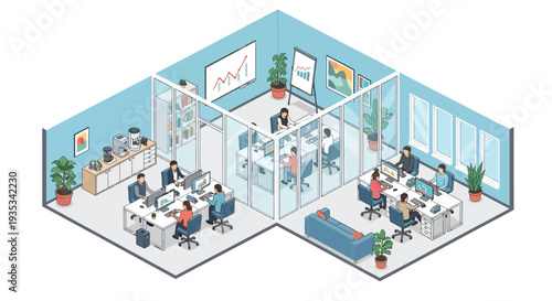 Isometric illustration of a modern open plan office space with employees
