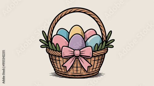 Hand drawn wicker basket filled with colorful easter eggs decorated with pink bow and green leaves against a neutral background