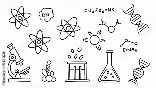 Science doodle set featuring microscope atom dna and laboratory equipment illustrations in a simple black and white style ideal for educational materials
