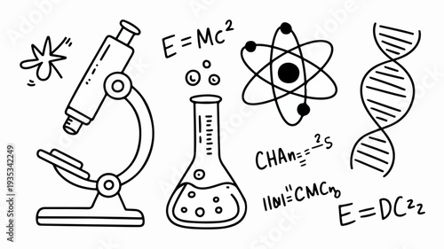 Hand drawn science illustrations featuring microscope beaker atom dna and formulas on white background symbolizing scientific concepts and education