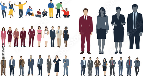 Collection of diverse flat people, professional business men and women, corporate office characters, social groups, teamwork, human silhouettes.