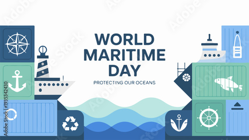 World maritime day illustration with shipping containers vessels and eco friendly icons promoting ocean conservation and sustainability