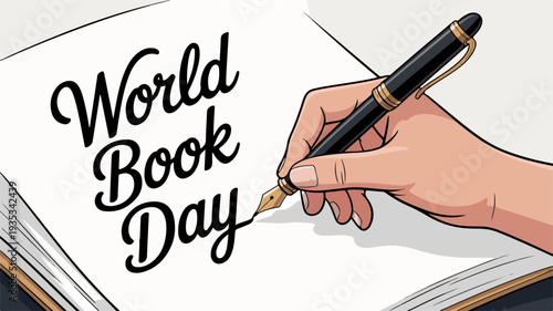Hand holding pen writing world book day on paper background symbolizing reading and literature celebration