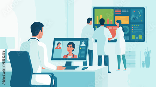 Medical professionals collaborating in a modern office setting with digital screens and data visualization