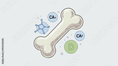 Vector illustration of a dog bone surrounded by calcium ions and a molecular structure symbolizing nutrition and health