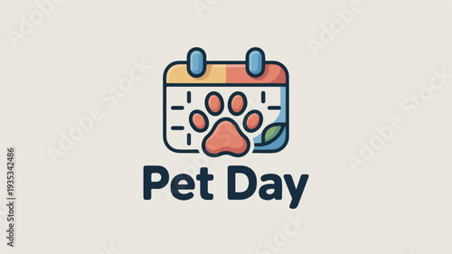 Modern vector pet day logo design with calendar and paw print in minimalist style for pet care and animal lovers on white background