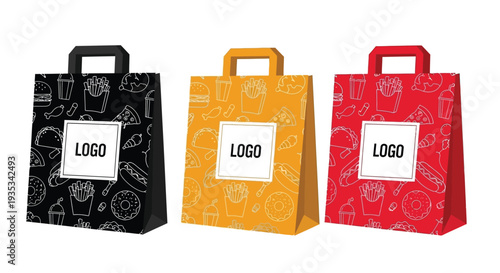 Three colorful paper shopping bags with fast food themed patterns