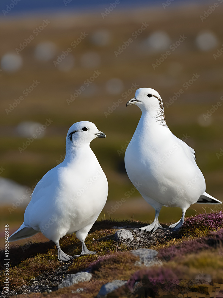 Fototapeta premium Ptarmigan male and female lagopus muta islandorum on Iceland