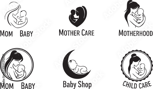 Six black and white related to motherhood and childcare with of mothers and babies