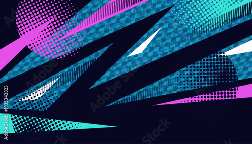 Abstract and Vibrant Background with Dynamic Shapes and Halftone Patterns in Retro 80s Color Style. For Sports Event Banner or Poster Design