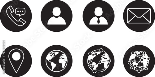 Six black circular on white background with white black circular white phone person envelope