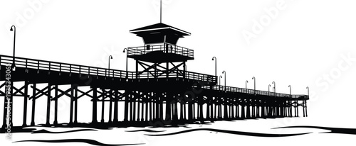 Black and White Silhouette of a Coastal Wooden Pier with Lifeguard Tower over Ocean Waves Isolated on a White Background