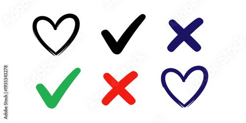 A set of hand drawn checkmarks and crosses with hearts