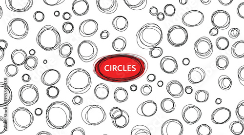 A graphic design featuring numerous circles of various sizes on a white background with a central red oval containing the word circles