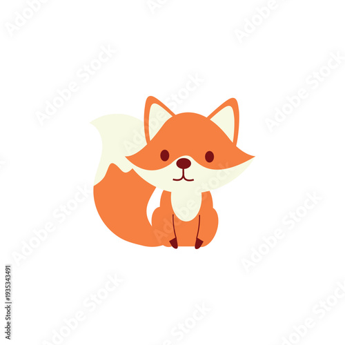Cute cartoon wood fox cub with large ears and white-tipped tail sitting patiently on clean background.