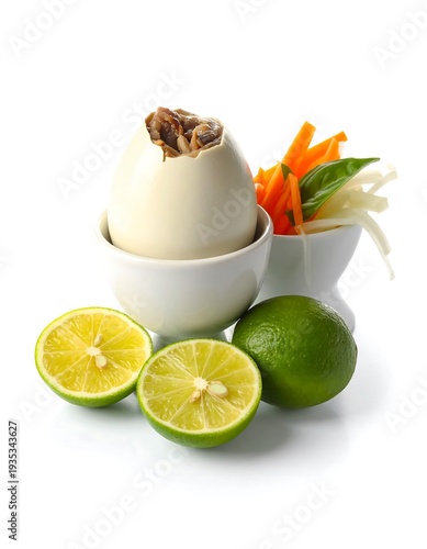 Close-up of a Filipino street food staple with sliced veggies and limes