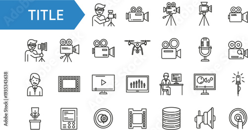 Video Production and Filmmaking Line Icon Set with Camera, Director, Microphone, Drone, Editing and Studio Equipment Vector Collection for Media Design