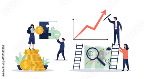 Teamwork and financial growth illustrated with puzzle pieces and rising charts