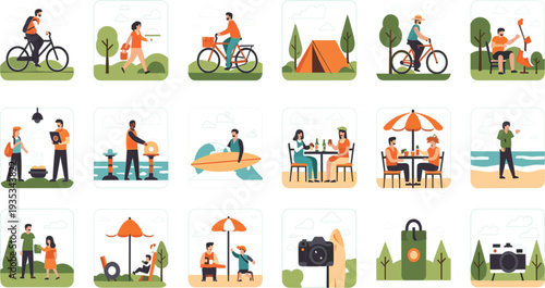 Outdoor Lifestyle Activity Icon Set with Camping Cycling Beach Travel Picnic Photography and Summer Vacation Scenes Flat Vector Illustration Collection