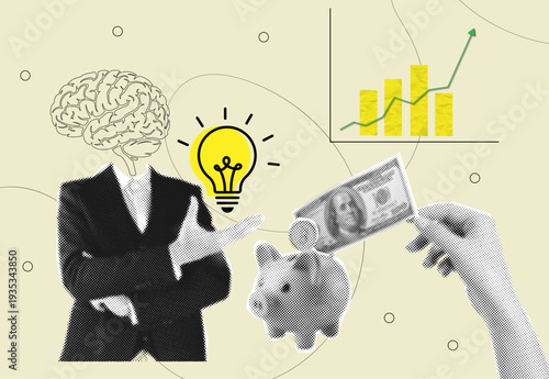 Trendy halftone collage,Financial Growth and Smart Investment Concept with Brain, Lightbulb Idea, Piggy Bank and Rising Chart Collage