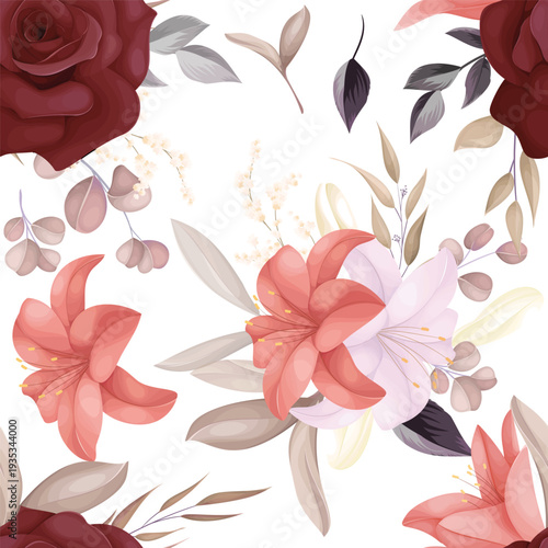 Elegant Floral Seamless Pattern with Roses and Lilies