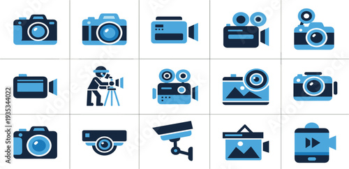 Professional Photography and Videography Line Icon Set Featuring DSLR Camera, Video Recorder, Film Strip, Tripod, and Studio Lighting Symbols for Digital Media Design