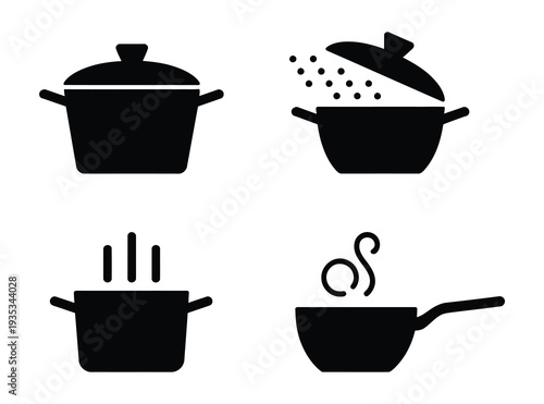 Cooking Pots and Pans with Steam – Kitchenware Icon Set