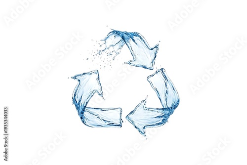 Recycled water symbol made of liquid splash with three arrows representing environmental sustainability and conservation