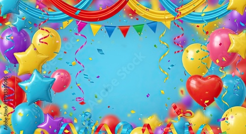 A colorful celebration backdrop with balloons, streamers, and confetti.