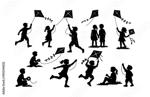 Children flying kites, running and sitting outdoors, illustrating concepts of play, freedom, and summer fun