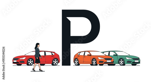 Woman walking toward parked cars next to a large letter p