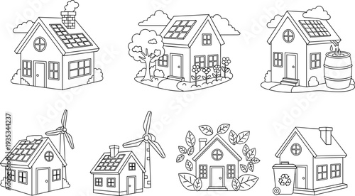 Illustrative collection of eco-friendly house designs with solar panels and wind turbines