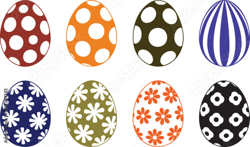 Eight colorful Easter eggs with polka dot, striped, and floral patterns against a simple white backdrop