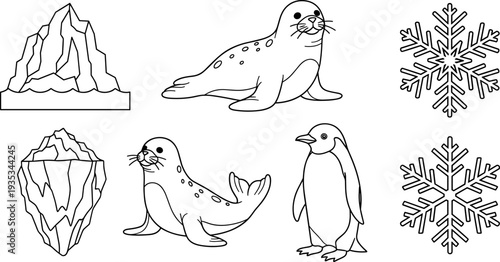 Cute cartoon arctic animals and snowflakes in a simple line drawing style