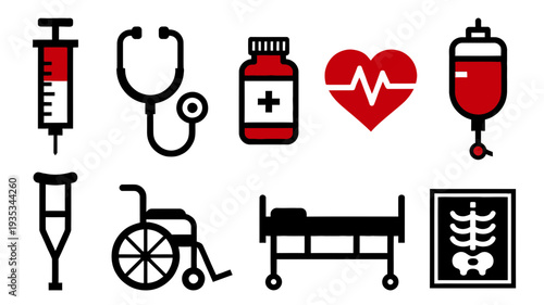 Set of Minimalist Red and Black Medical and Healthcare Vector Icons
