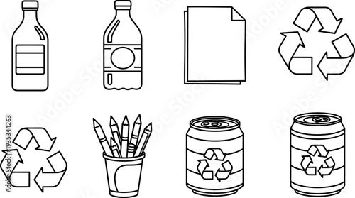 Collection of recycling symbols and recyclable items in a clean line art style