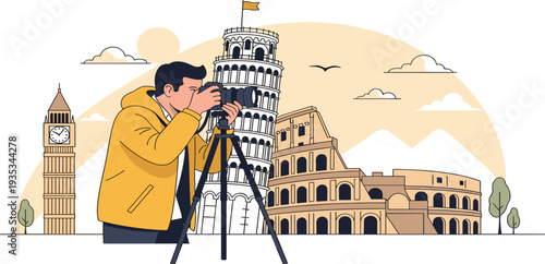 Professional Travel Photographer Taking Photos of Famous Landmarks Including Leaning Tower of Pisa, Big Ben, and Colosseum for Tourism and Vacation Concepts