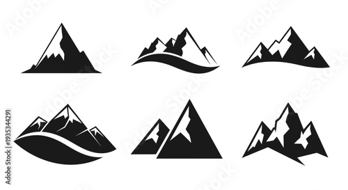 Mountain Silhouette Vector Set – Minimalist Black Peak and Range Icons for Outdoor Adventure Logos
