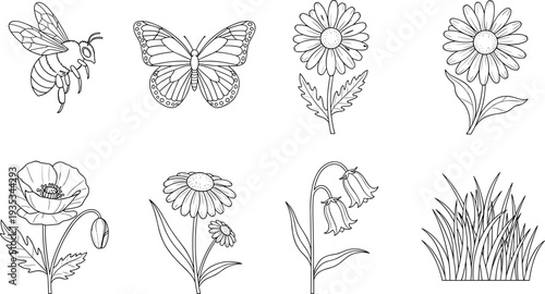 Line art of flowers, bee, and butterfly in a minimalist style