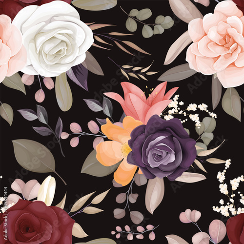 Elegant Floral Seamless Pattern with Dark Background