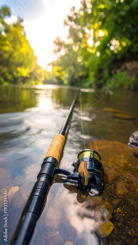 Close-up of a fishing rod with reel over a calm flowing creek