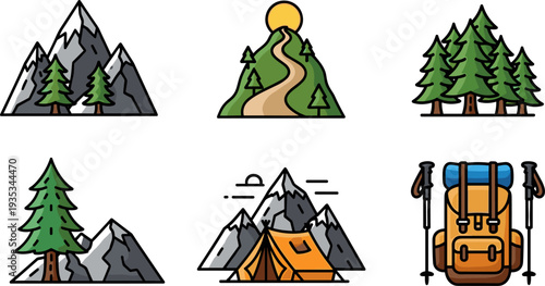 Outdoor adventure icons featuring mountains, trees, and camping gear