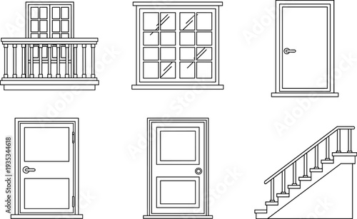 Collection of architectural elements including doors, windows, balcony, and stairs in line art style