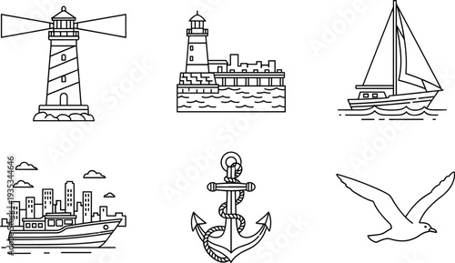 Coastal icons featuring lighthouses, boats, and anchors in a minimalist design
