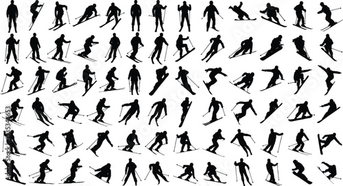 Skiing and snowboarding silhouette icon set featuring numerous athletes in action poses for winter sports mountain resorts and competition designs