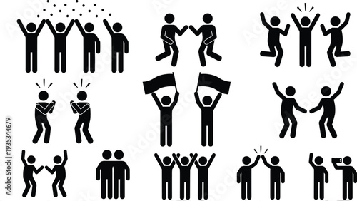 Stick figure people icon set showing celebration success teamwork high five waving flags jumping for joy and positive human social interactions.