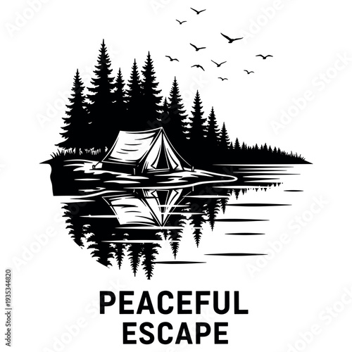 Tranquil lakeside camping scene with tent reflected in water