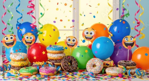 A colorful celebration with balloons, donuts, and confetti.