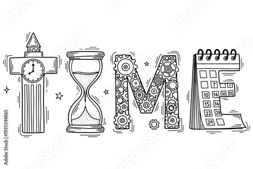 Creative black and white illustration of time with clock, hourglass, gears, and calendar