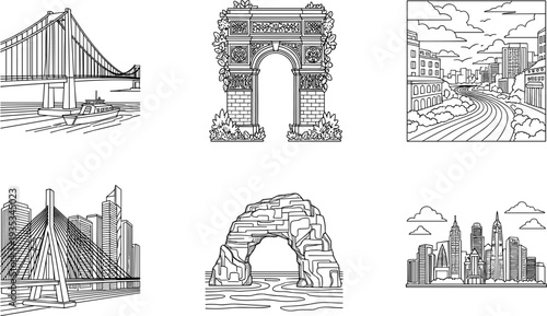 Black and white line art of famous landmarks and cityscapes